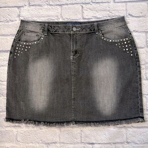 Baccini Embellished Gray Denim Mini Jean Skirt Raw Cut Off Hem Plus Size 18